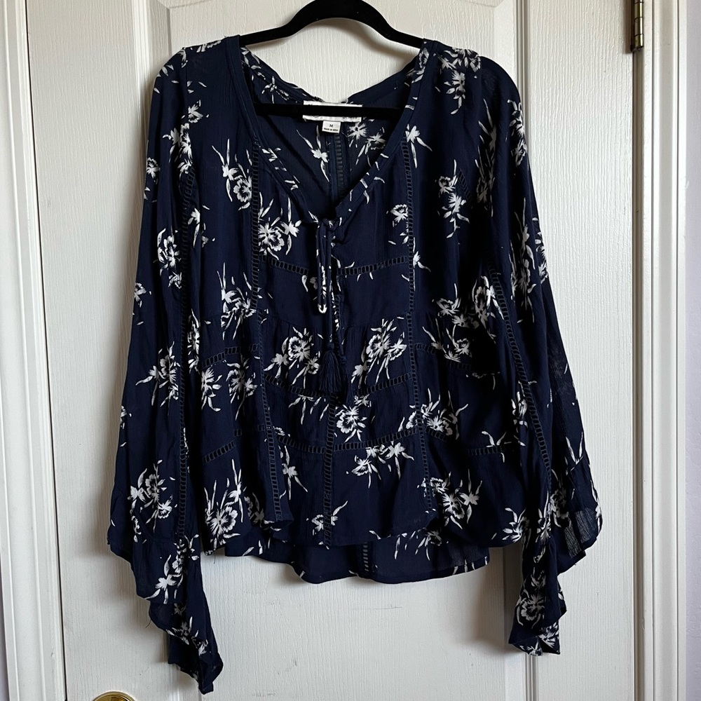 Boho Floral Print Navy Blue Flowy Long Sleeve Blouse